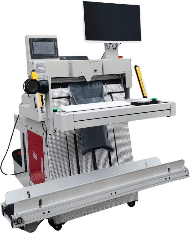 Paketör PK-220 e-ticaret paketleme makinesi, üç çeyrek görünüm
